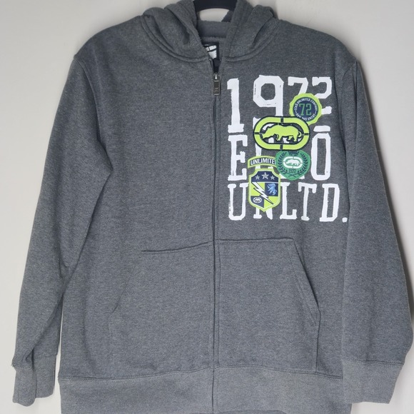 Vintage Y2K Ecko Unltd Zip Up Hoodie Gray Men's L Skater Grunge Goth Spell Out - Picture 1 of 5